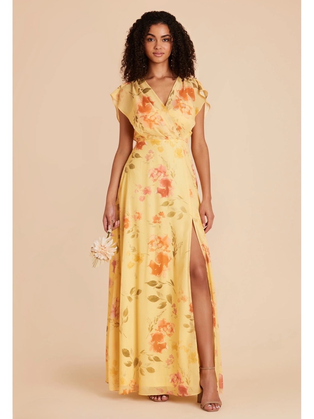 Birdy Grey Chiffon Pale Yellow Rococo Floral maxi dress with a side slit